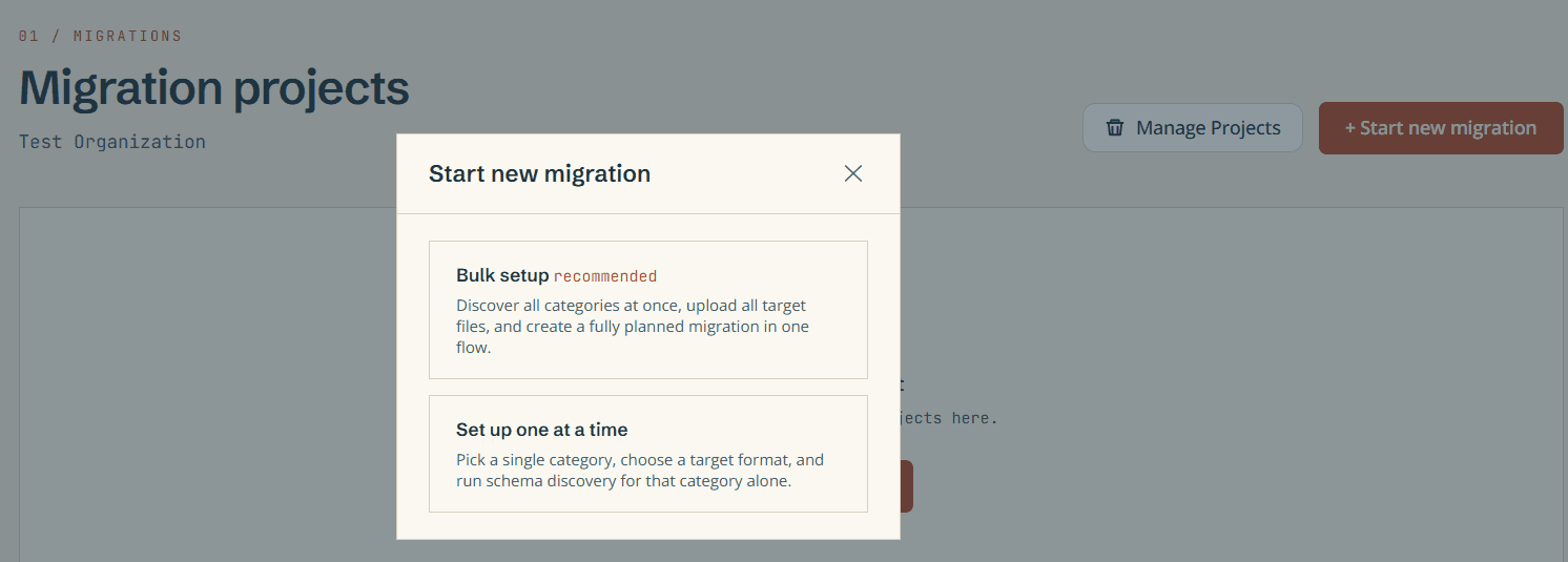 Start new migration dialog showing Bulk setup (recommended) and Set up one at a time options